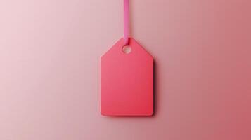 Paper price tag label red brand name with rope on solid background photo