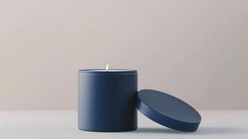 Tin candle minimalist mockup cylindrical container blue matte and shadow light wall photo