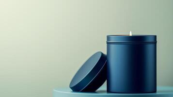 Tin candle minimalist mockup cylindrical container blue matte and shadow light wall photo