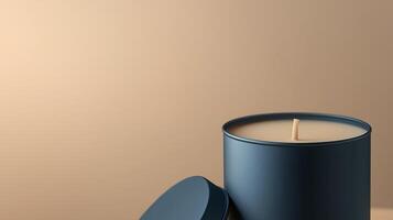 Tin candle minimalist mockup cylindrical container blue matte and shadow light wall photo