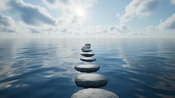 Stepping grey stones with texture forwarding in beach sand and ocean water with bright sky photo