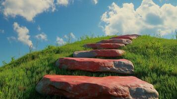 Stepping red textured stones forwarding to hill mountain peak destination on mountain photo