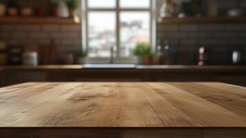 Wooden tabletop display product on modern kitchen blurred bright background photo