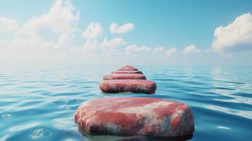 Stepping red stones with texture forwarding in ocean water with blue sky photo