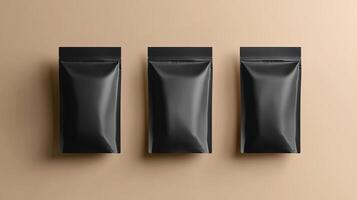 Mockup three zipper pouch black carton standing product packaging on soft background photo
