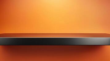 Black steel countertop shelf with spotlight and orange wall for product display promotion photo
