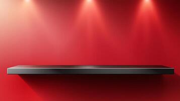 Black steel countertop shelf with spotlight and red wall for product display promotion photo