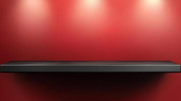 Black steel countertop shelf with spotlight and red wall for product display promotion photo