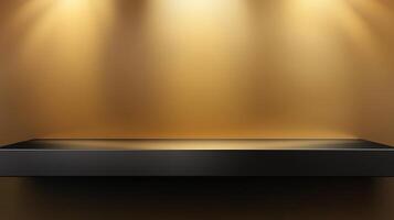 Black steel countertop shelf with spotlight and yellow wall for product display promotion photo