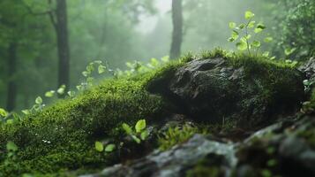 Deep green forest with rocks covered by moss, leaves, grass freshness nature environment photo