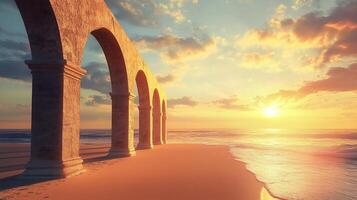 Historical white architectural arches ancient beauty wall gate on sandy beach with sunset sky photo