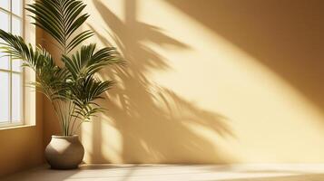 Earth tone wall cement blank with sun bright shadow from window and palm tree photo