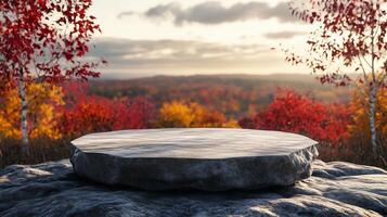 Stone podium stage on edge mountain and valley view nature in autumn forest photo