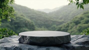 Stone podium stage on edge summer and valley view nature in winter forest photo