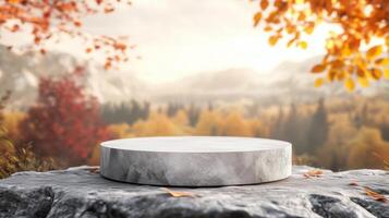 Stone podium stage on edge mountain and valley view nature in autumn forest photo