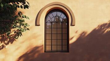 Aesthetic arch window shape on brown wall with shadow leaves tree classing building architecture photo