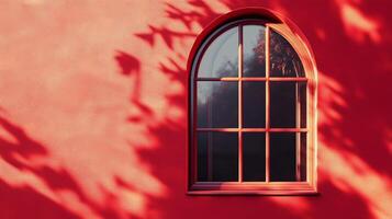 Aesthetic arch window shape on red wall with shadow leaves tree classing building architecture photo