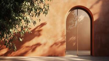 Aesthetic arch window shape on brown wall with shadow leaves tree classing building architecture photo