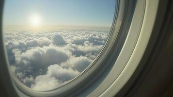Beautiful view of the horizon, sky and clouds from the airplane window photo