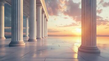 Stone columns concrete texture pillar classical building exterior with sunset sky photo