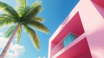 Simple minimal style modern building with colorful fresh tone, palm tree and blue sky, bottom view photo