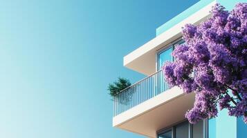 Building exterior simple minimalist building with purple flower tree decoration and blue sky photo