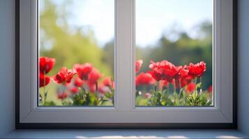 Window glass white metal frame corner in house with blurred red flower decoration photo