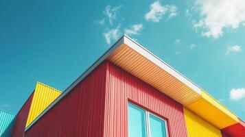 Simple minimal style modern building with colorful fresh tone and blue sky, bottom view photo