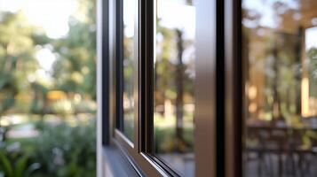 Window glass brown metal frame in house with blurred green garden photo