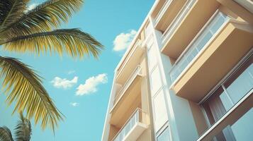 Simple modern building with palm tree decoration and blue sky, bottom view photo