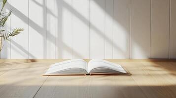 Open blank white paper book on wooden table side view copy space background photo