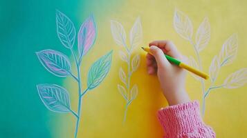 hands kid drawing plant sketch with coloring pencil on white paper top of view background photo