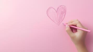 Hands kid drawing simple love shape sketch with pencil copy space background photo
