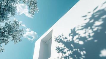 White facade modern building with shadow plant on side wall and blue sky photo