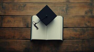 Blank white book open white paper and a pair black shoes top of view wooden background photo