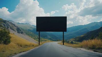 Mockup black blank board on the highway mountain view going to journey photo