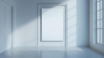 Mockup white blank board modern placard rectangle in wall building for information photo