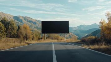 Mockup black blank board on the highway mountain view going to journey photo