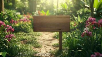 Blank wooden trunk board for label information important in iris flower botanical garden farming photo