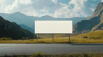 Mockup white blank billboard copy space in city road with mountain view photo