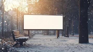 Mockup white blank board copy space for information on winter in park with chair photo