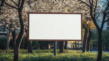 Mockup white blank board copy space for information and promotion in park with fresh green tree photo