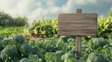 Blank wooden trunk board for label information important in broccoli botanical garden farming photo