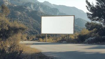 Mockup white blank billboard copy space in city road with mountain view photo