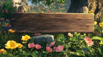 Blank wooden trunk board for label information important in primrose flower botanical garden photo