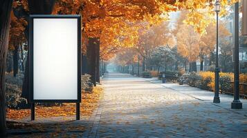 Mockup white blank billboard copy space in city road with autumn season yellow tree photo