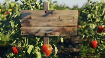 Blank wooden trunk board for label information important in bell pepper vegetable botanical field garden photo