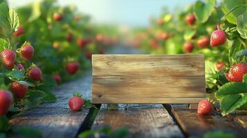 Blank wooden trunk board for label information important in strawberry fruit botanical field garden photo