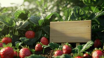 Blank wooden trunk board for label information important in strawberry fruit botanical field garden photo