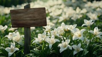 Blank wooden trunk board for label information important in white lily flower botanical field garden photo